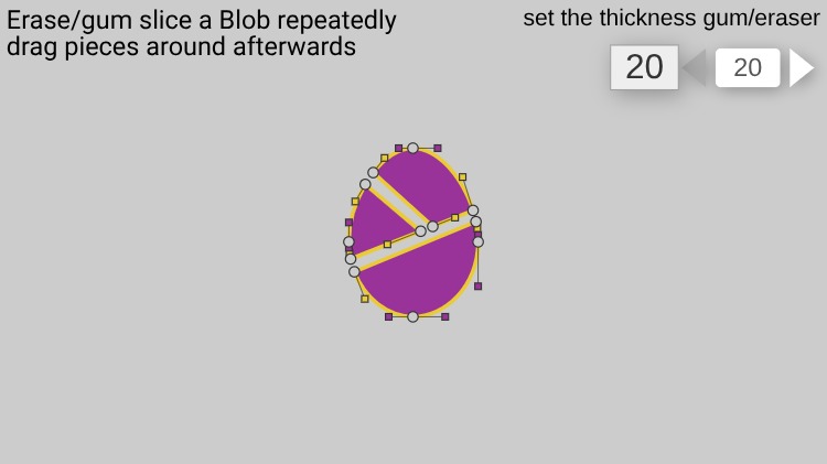 Zapp: ZIM Blobs builder: gum/erase egg : drag parts (cut blob same color+value) | ZIM JavaScript Canvas Framework - Code Creativity