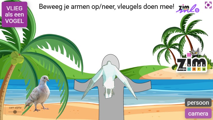 Zapp: vlieg als een vogel: cam-armen doen vleugels bewegen (beach02.jpg+duif) | ZIM JavaScript Canvas Framework - Code Creativity