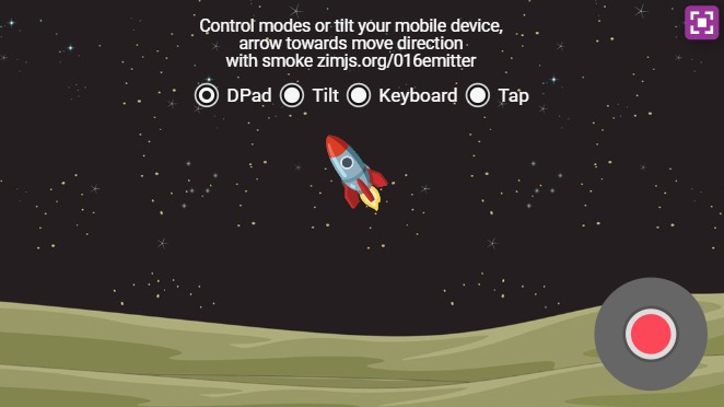 Zapp: TILT+dpad L: Emoji(noto_rocket) choose DPAD|Tilt|Keyb|Tap  | ZIM JavaScript Canvas Framework - Code Creativity