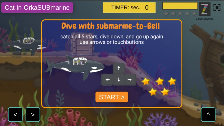 Zapp: jump catOrka up+dive GAME:keyb+TOUCHbtns score+Indicator:stars only | ZIM JavaScript Canvas Framework - Code Creativity