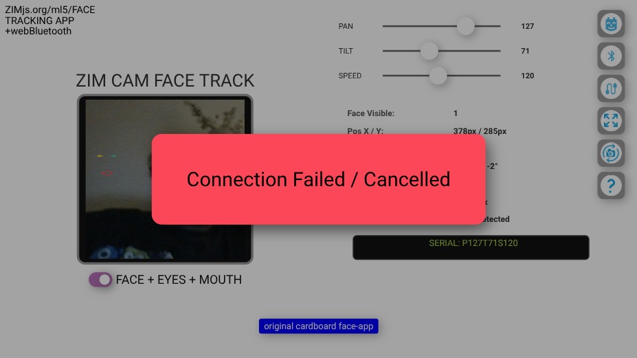Zapp: cardboard robot face-tracking ml5js +Bluetooth micro:bit not WORKS | ZIM JavaScript Canvas Framework - Code Creativity