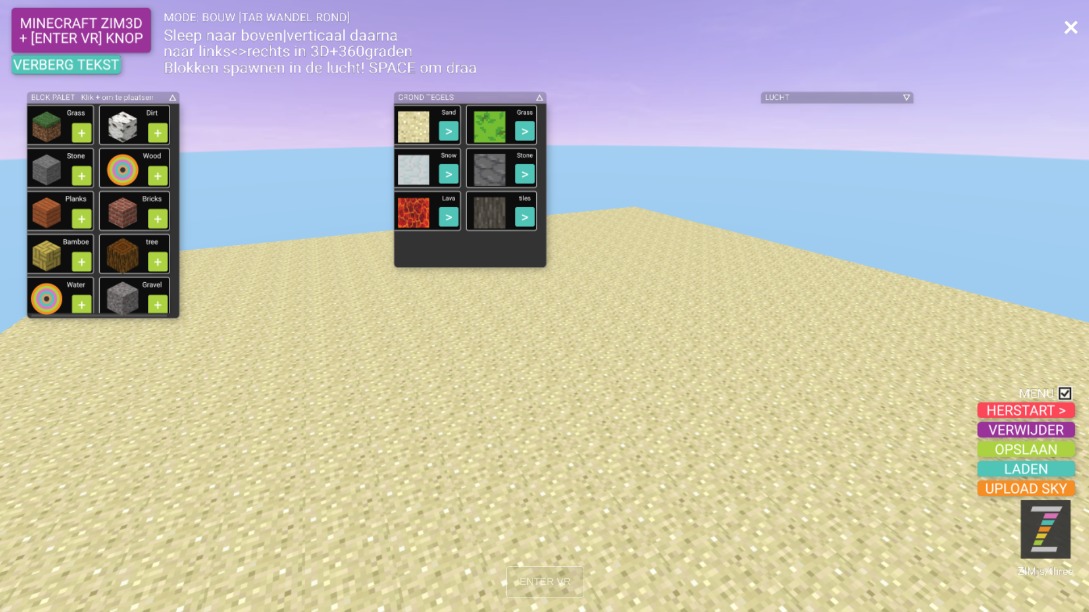 Zapp: 3D WANDEL+BOUW MINECRAFT : klik+sleep op, links/rechts +keuzepanelen | ZIM JavaScript Canvas Framework - Code Creativity