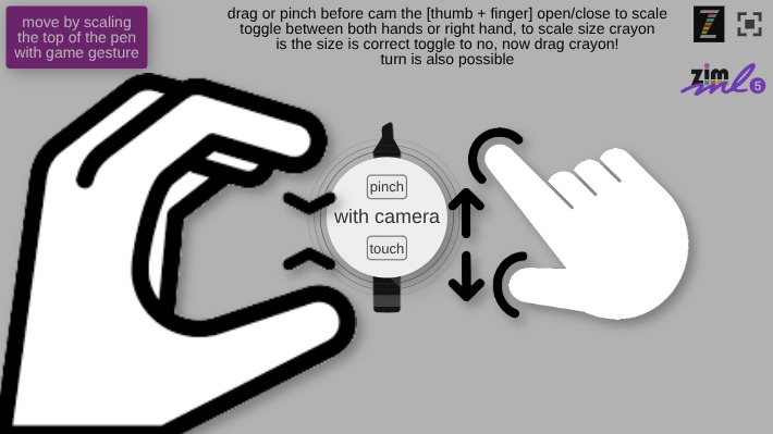 Zapp: GESTURE=touch=scale/drag or PINCH=CAMdrag+scale crayon (no drawline) | ZIM JavaScript Canvas Framework - Code Creativity