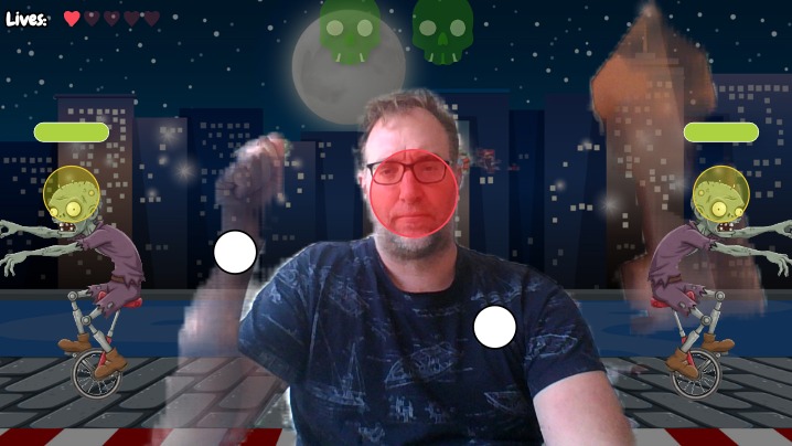 Zapp: Zombivison, kickbox zombie+ damage+expl.+ indcator + camBig (noWaiter) | ZIM JavaScript Canvas Framework - Code Creativity
