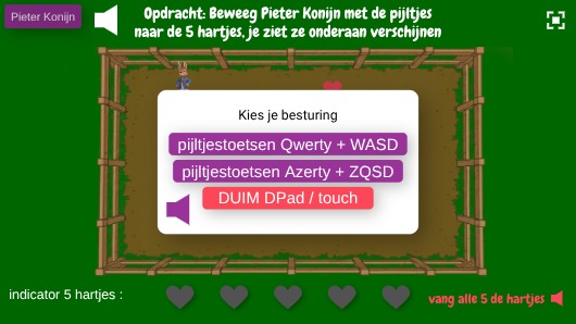 Zapp: TILEgame : Pieter Konijn+hartjes (pijltjes +ZQSD/WASD+DPad)+ Indicator() | ZIM JavaScript Canvas Framework - Code Creativity