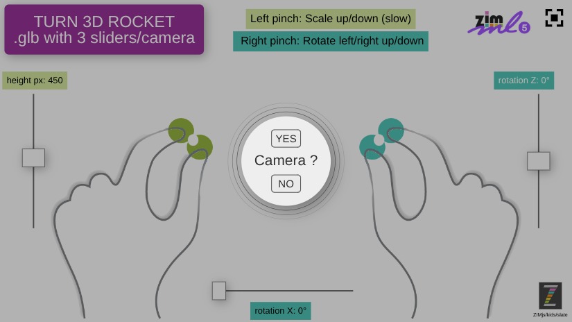 Zapp: PINCH thumb and long finger: to turn ROCKET +3 sliders scale+rotationX+Z | ZIM JavaScript Canvas Framework - Code Creativity