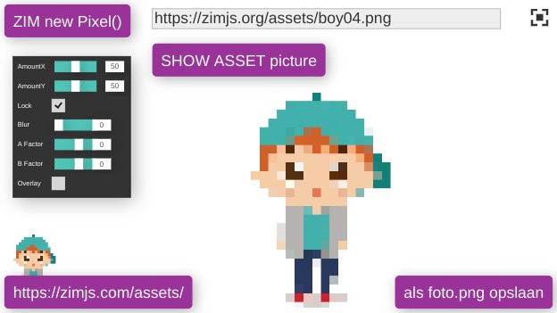Zapp: Picture to pixels with url from imjs.com/assets (org; zimjs.com/zim) pixalate image | ZIM JavaScript Canvas Framework - Code Creativity