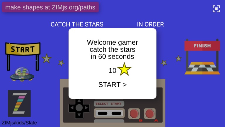 Zapp: catch by drag+controller(NES): UFO+10 stars in oder:1level: Squiggle+Pane | ZIM JavaScript Canvas Framework - Code Creativity