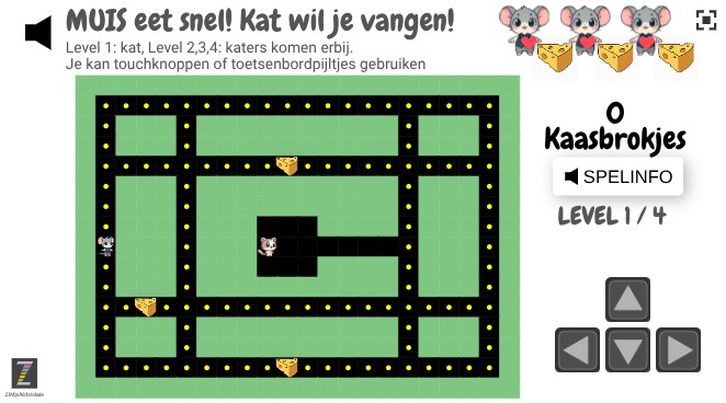 Zapp: pacman MUIS eet snel KAAS want de KAT gaat je vangen, 4 levels (kat-flips) | ZIM JavaScript Canvas Framework - Code Creativity