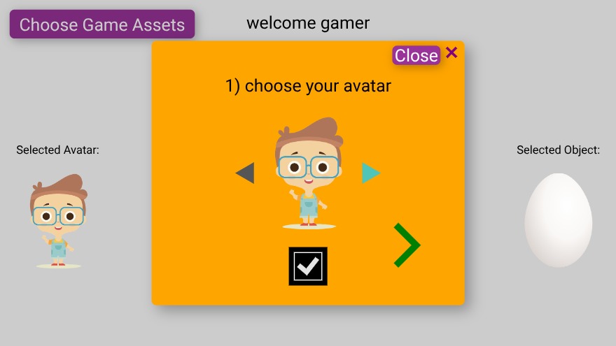Zapp: Choose 2x3 assets : 3 avatars + 3 objects (pages-in-pages in Pane) | ZIM JavaScript Canvas Framework - Code Creativity