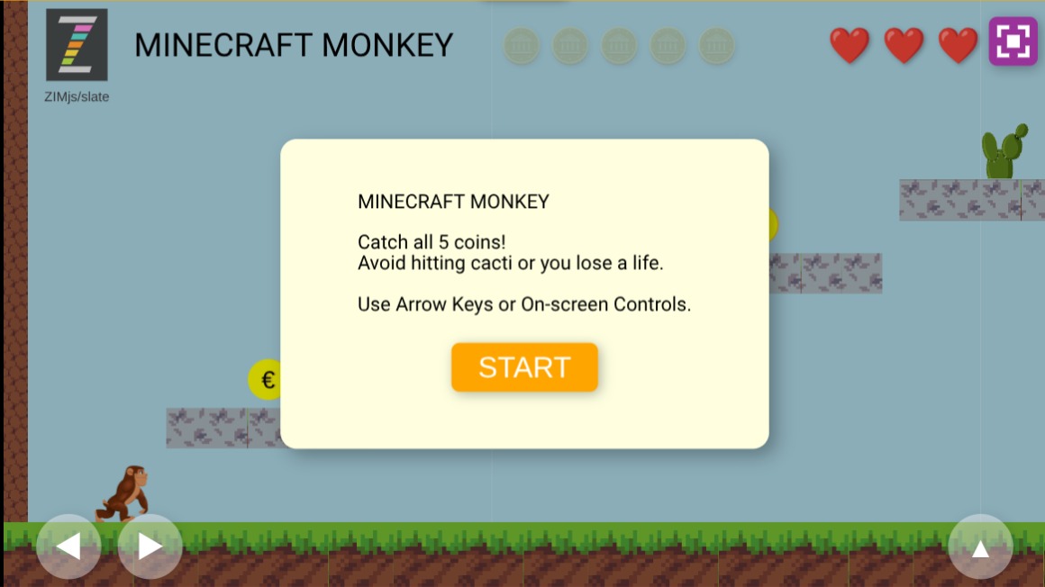 Zapp: Minecraft Monkey walk+jump on platforms (minecraft) touchArrows fullGAME | ZIM JavaScript Canvas Framework - Code Creativity