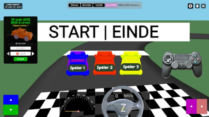 Zapp: 3D Multi4Auto's+HIT: 8circuit: 3Dkeuze+START EINDE-streep (zim_socket) | ZIM JavaScript Canvas Framework - Code Creativity