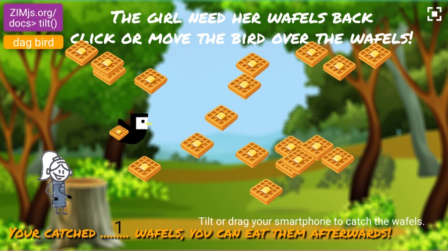 Zapp: ZIM 020 Tilt+click: move bird to 20 wafels: left<>right or tilt (no pane) | ZIM JavaScript Canvas Framework - Code Creativity