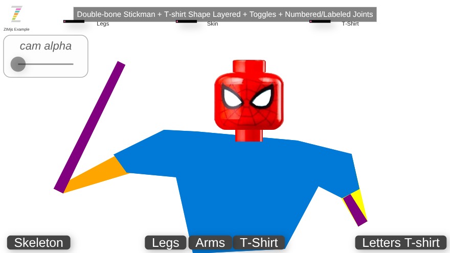 Zapp: Stickyman lego-Spiderman:T-shirt: head(not turning +legs crossed) ENG | ZIM JavaScript Canvas Framework - Code Creativity