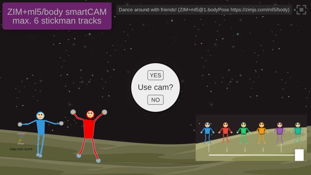 Zapp: ZIMjs.com/ml5/body: stickman follows your body (max. 6x stickman) (fixed SMARTcolors) | ZIM JavaScript Canvas Framework - Code Creativity