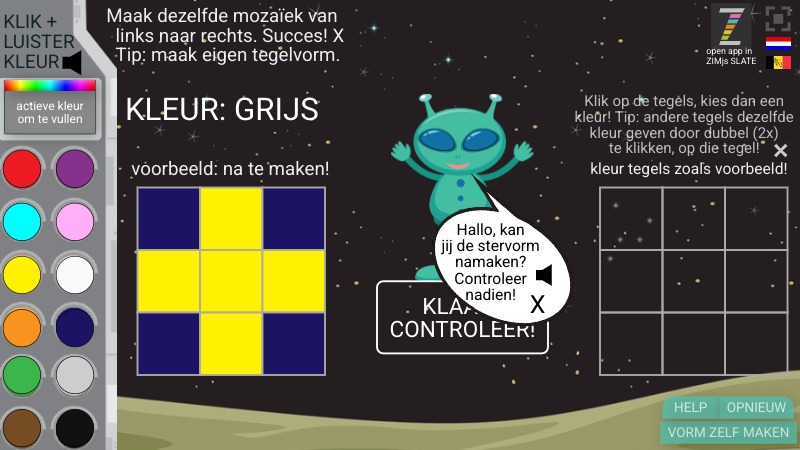 Zapp: mozaïek 9TEGELS : MATCH kleuren + MIX eigen vorm (NL) | ZIM JavaScript Canvas Framework - Code Creativity