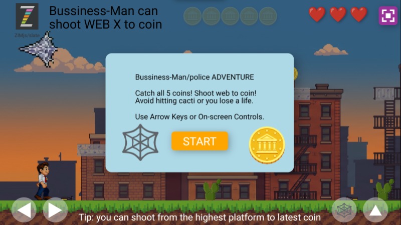 Zapp: PLATFORM bus.man walk+jumpshoot+web to coins+3xcactus GAME v2 ENG | ZIM JavaScript Canvas Framework - Code Creativity