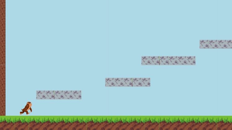 Zapp: Sidescroller: monkey walk+jump on platforms (minecraft) noGame noArrows | ZIM JavaScript Canvas Framework - Code Creativity
