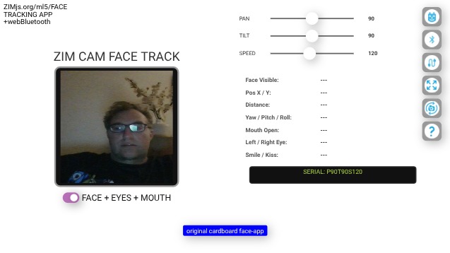 Zapp: cardboard robot app face-tracking ml5js small+sliders+ btns SQUARE noBlue | ZIM JavaScript Canvas Framework - Code Creativity