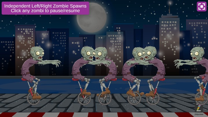 Zapp: Zombivison, animating  2x zombi (click them to pause) repeat 5 times | ZIM JavaScript Canvas Framework - Code Creativity