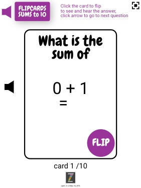 Zapp: SUMS to 10: flipcard (10 card and restart) (ENG) | ZIM JavaScript Canvas Framework - Code Creativity