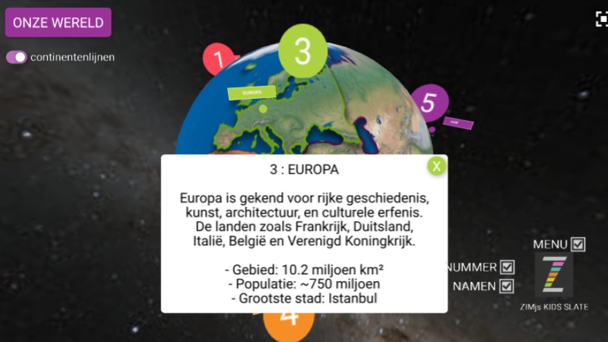 Zapp: globe/wereld HUD:num+namen van 7 gekleurde continenten toggle NL | ZIM JavaScript Canvas Framework - Code Creativity
