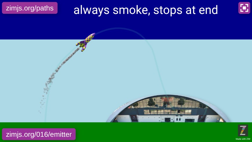 Zapp: fti-rocket: smoke:at end=emitter.pause+ btn LAUNCH AGAIN (Nekkerhal) | ZIM JavaScript Canvas Framework - Code Creativity