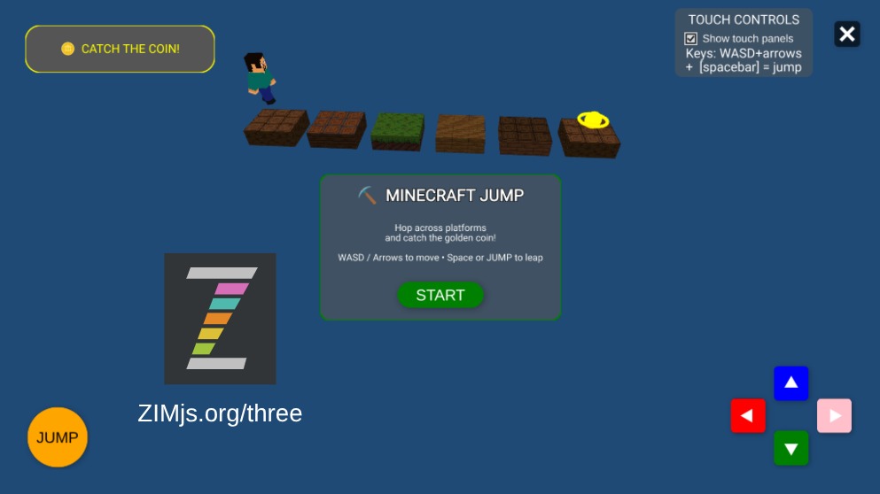 Zapp: Minecraft Ocean: walk towards coin :1 level straight (basic version) | ZIM JavaScript Canvas Framework - Code Creativity