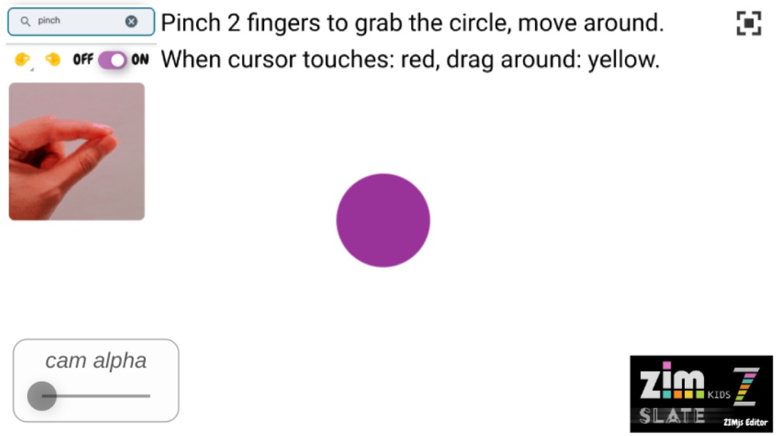 Zapp: ml5 pinch and drag a new Circle(), cursor rollove/drag color (1280x720) | ZIM JavaScript Canvas Framework - Code Creativity