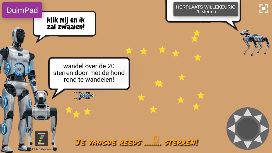 Zapp: DuimPad(): Robot dog/hond binnen boundary:S (stage) axis:all GAMEAF init | ZIM JavaScript Canvas Framework - Code Creativity