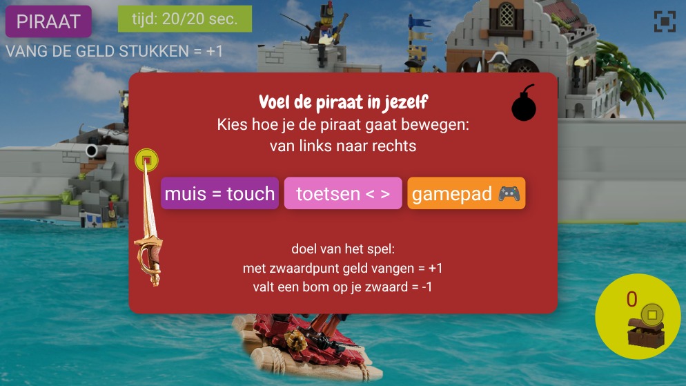Zapp: piraat Jack: zwaardpunt in geldstuk=+1, bom -1 (touch/muis+<>+dPad) NL  | ZIM JavaScript Canvas Framework - Code Creativity