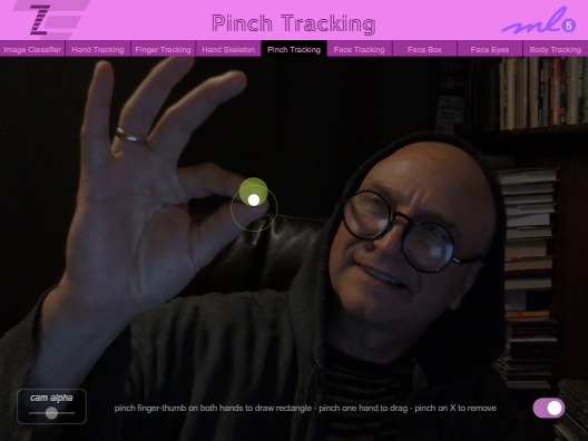 Zapp: <span style=color:#995599>018</span><br>ZIM - ML5 Pinch Tracking | ZIM JavaScript Canvas Framework - Code Creativity