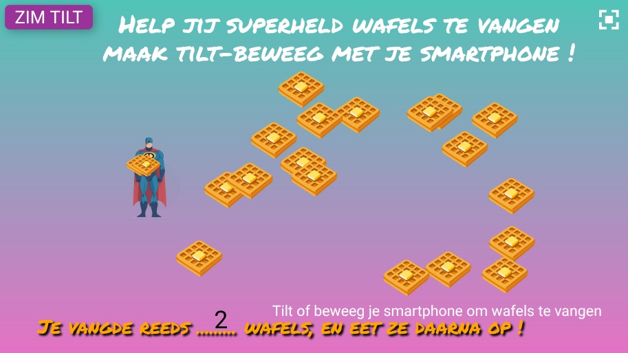 Zapp: Wafels vangen met superheld : door tiltbeweging te maken | ZIM JavaScript Canvas Framework - Code Creativity