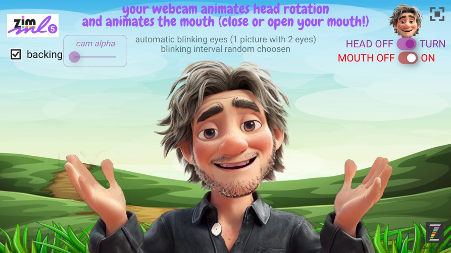 Zapp: Boy blackShirt+ml5 headTURN CENTER+ blink 2eyes,+ml5 mouth/lip FixedPos | ZIM JavaScript Canvas Framework - Code Creativity