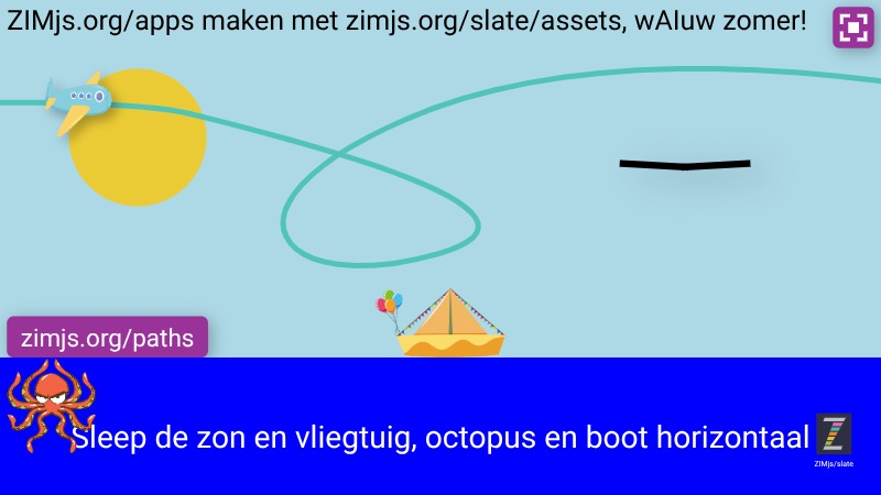 Zapp: Scene zomer: zon, octopus speelbootje en vliegtuig + vogel(2lijnen) | ZIM JavaScript Canvas Framework - Code Creativity