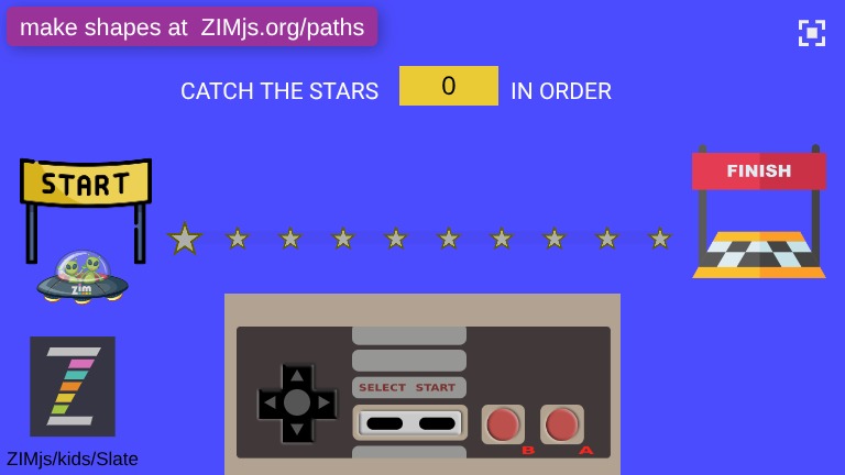 Zapp: catch by drag+controller(NES): UFO+10 stars in oder (1level: straight line) | ZIM JavaScript Canvas Framework - Code Creativity