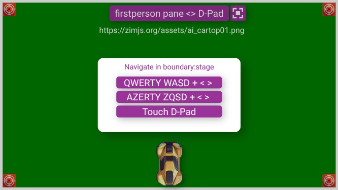 Zapp: ai_cartop DPad()Bubble:false + pane keyboard old boundary:S firstPerson | ZIM JavaScript Canvas Framework - Code Creativity