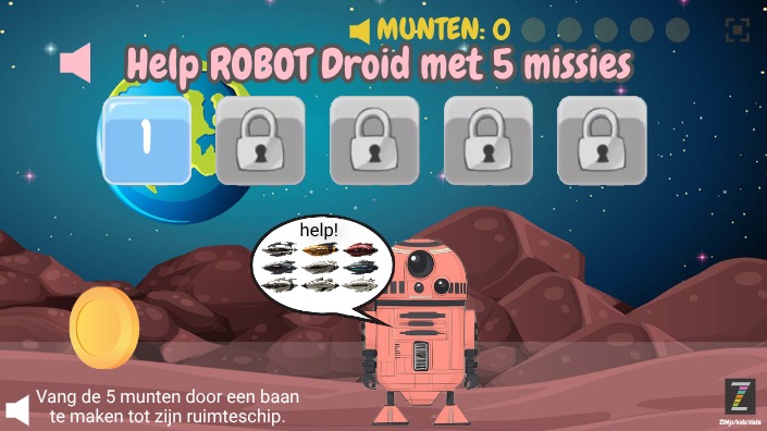 Zapp: Robot1Droid:5Missies: bouw de baan naar ruimteschipMunt +Speech+Ind.NL | ZIM JavaScript Canvas Framework - Code Creativity