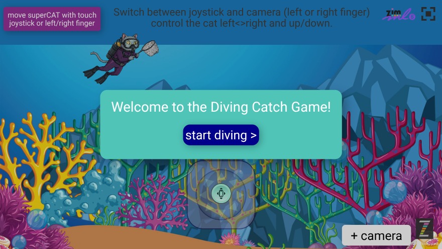 Zapp: superCat diving GAME(1280x720) octostudio dpad + GAME timer 10sec | ZIM JavaScript Canvas Framework - Code Creativity