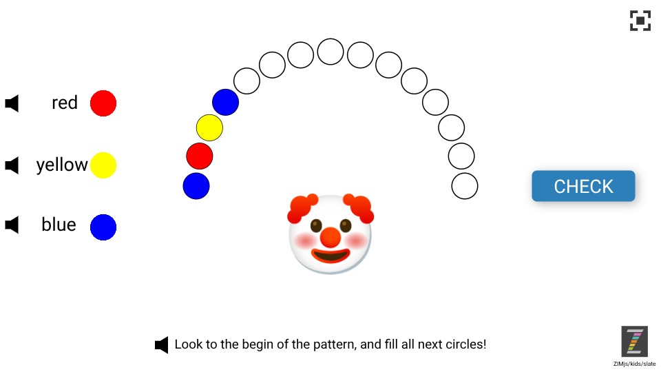 Zapp: Carnaval: complete array pattern : circles blue-red-yellow-.. (+sound) | ZIM JavaScript Canvas Framework - Code Creativity