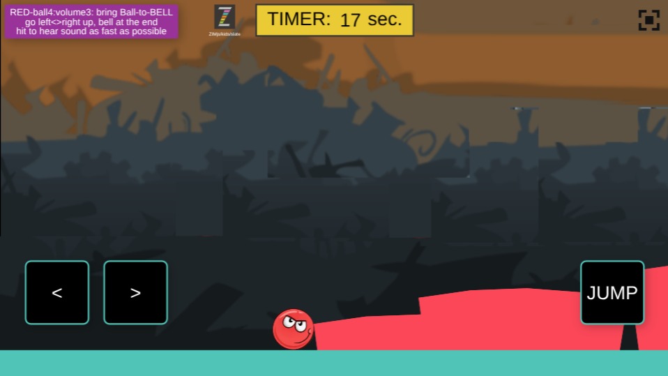 Zapp: red ball-to-bell, JUMP on obstaclePics:arrows+TOUCH<>up (basicred+bell) | ZIM JavaScript Canvas Framework - Code Creativity
