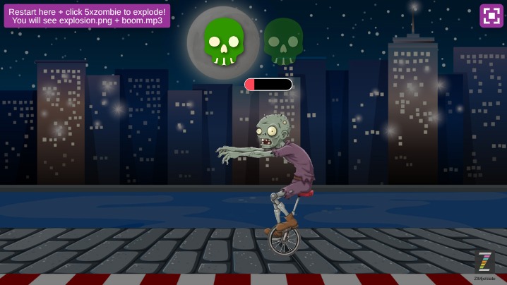Zapp: Zombivison, animating zombie 2x + damage + explosion + new Indcator | ZIM JavaScript Canvas Framework - Code Creativity