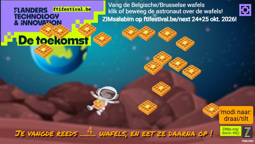 Zapp: ZIM 020 Tilt+klik: astronaut 20 wafels : kies zelf hoe je speelt (.tilt()) nokFull | ZIM JavaScript Canvas Framework - Code Creativity