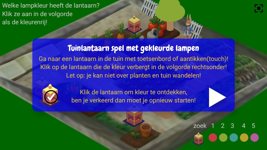 Zapp: Tuinlantaarns wil Pieter Konijn (pijljtes + touch), kleuren in volgorde zoeken. | ZIM JavaScript Canvas Framework - Code Creativity