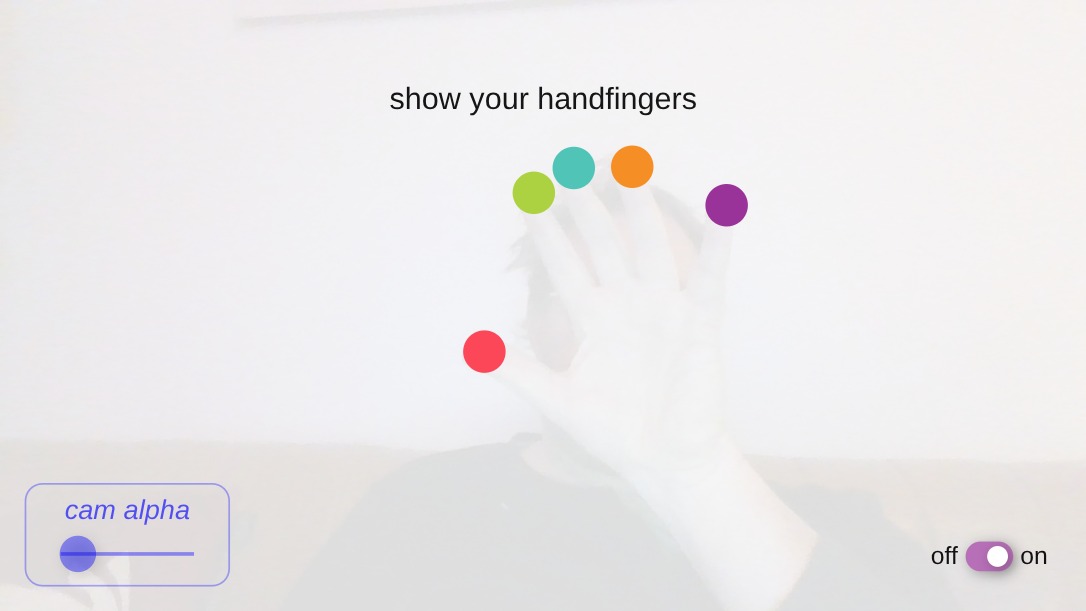 Zapp: CAM shows all 5 fingers in a different color (with webcam on = ml5js.org) | ZIM JavaScript Canvas Framework - Code Creativity