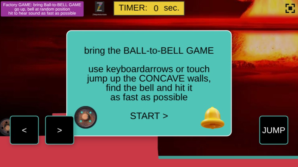 Zapp: red ball-to-bell, JUMP on CONCAVEwalls:arrows+TOUCH<>up (basicred+bell)  | ZIM JavaScript Canvas Framework - Code Creativity
