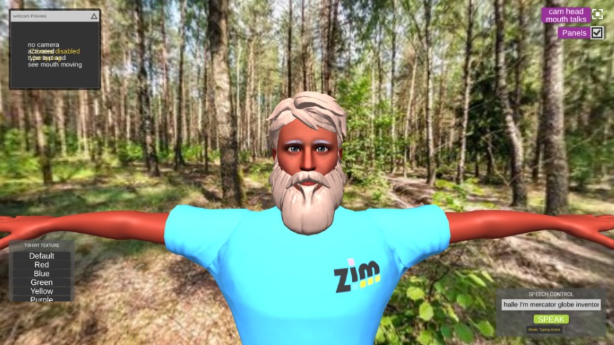 Zapp: MetaHuman Mercator nature(3D+Tshirt) mouth/cam/talk+ ENTER VR (oribit) | ZIM JavaScript Canvas Framework - Code Creativity