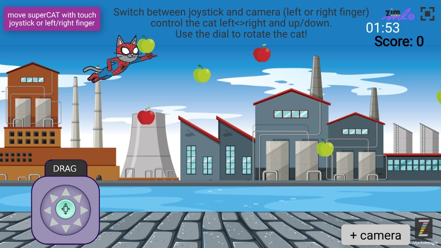 Zapp: superCat Spiderman: catch flying apples (octostudio dial+cam)+score (+1-1) | ZIM JavaScript Canvas Framework - Code Creativity