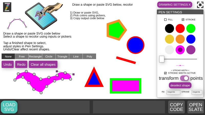 Zapp: ZIM Blobs builder: draw shapes free/rect/circle/triangle/line/poly (version2) | ZIM JavaScript Canvas Framework - Code Creativity