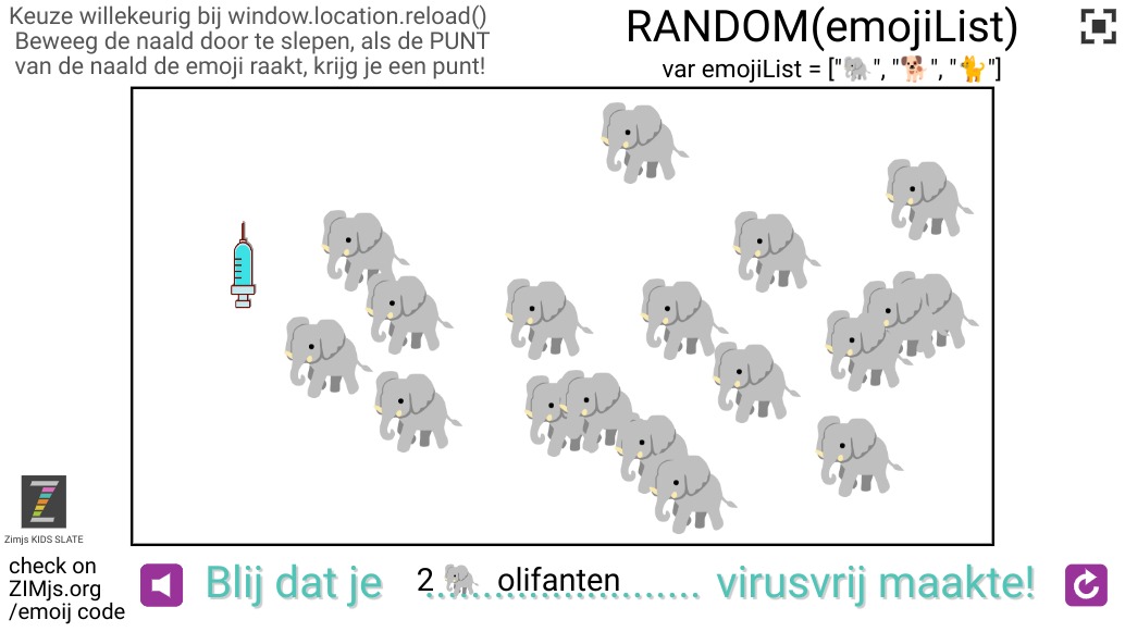 Zapp: Met naald dier(emoji) virusvrij maken (3 dieren willekeurig gekozen) | ZIM JavaScript Canvas Framework - Code Creativity